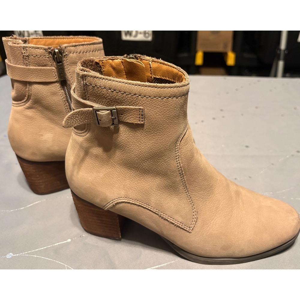 Aetrex Rubi Tan Leather Ankle Boots Buckle Zip Block Heel AH126 Women 7.5-8 EU38